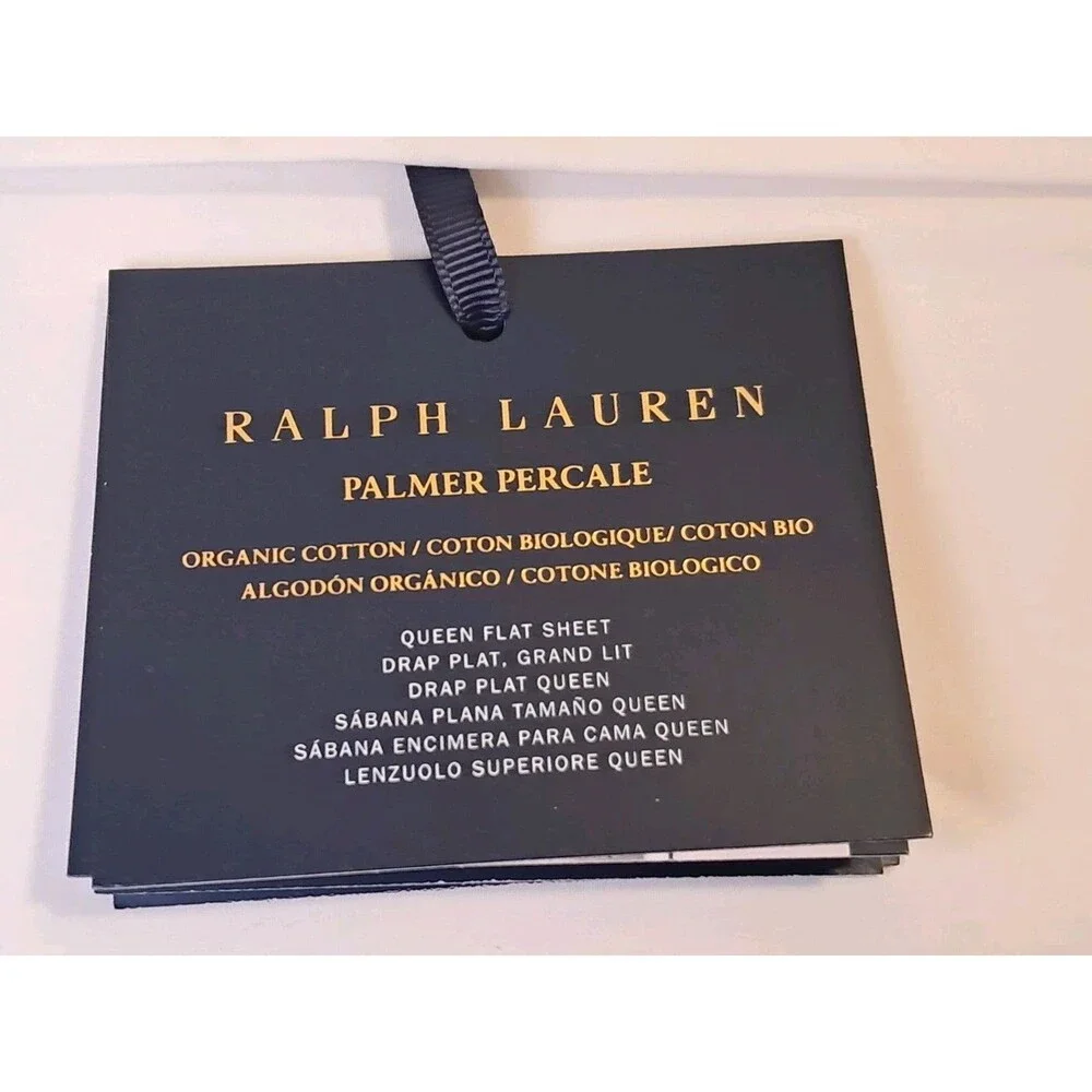 NEW Ralph Lauren Palmer Percale Org Cotton Queen Flat Sheet White Navy 96x108in